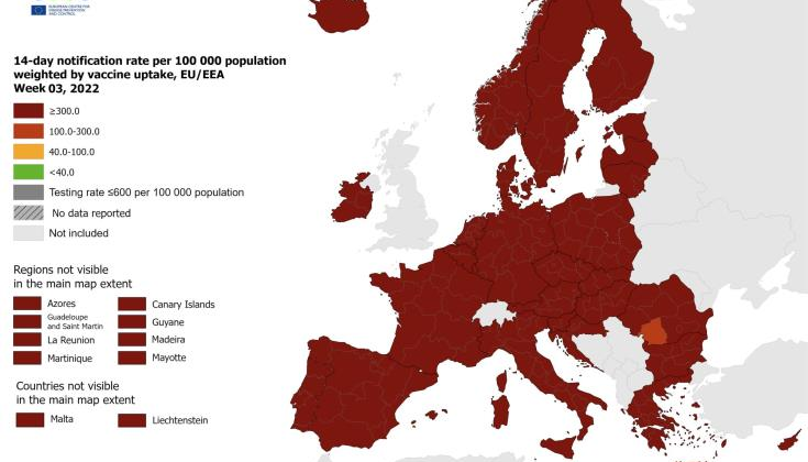 ECDC: Στο βαθύ κόκκινο o επιδημιολογικός χάρτης όλης σχεδόν της ΕΕ παρά το υψηλό ποσοστό εμβολιασμού